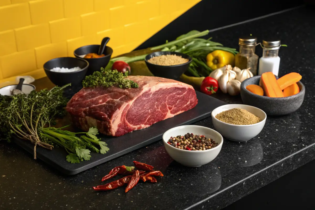 Neatly Arranged Arm Roast Ingredients on Black Countertop with Yellow Backdrop