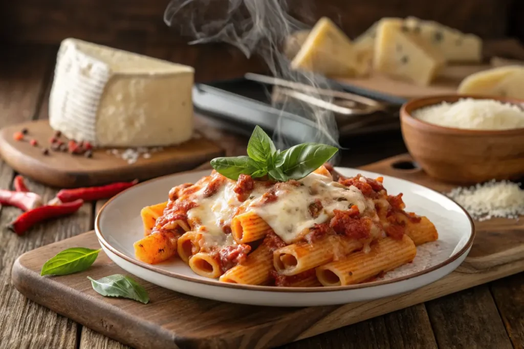 Steaming hot rigatoni pasta topped with melted mozzarella cheese and tomato sauce sits on a white plate.