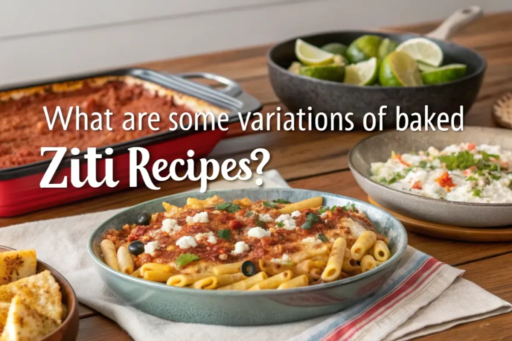 A table is shown with several dishes, including baked ziti, garlic bread, and a bowl of limes.