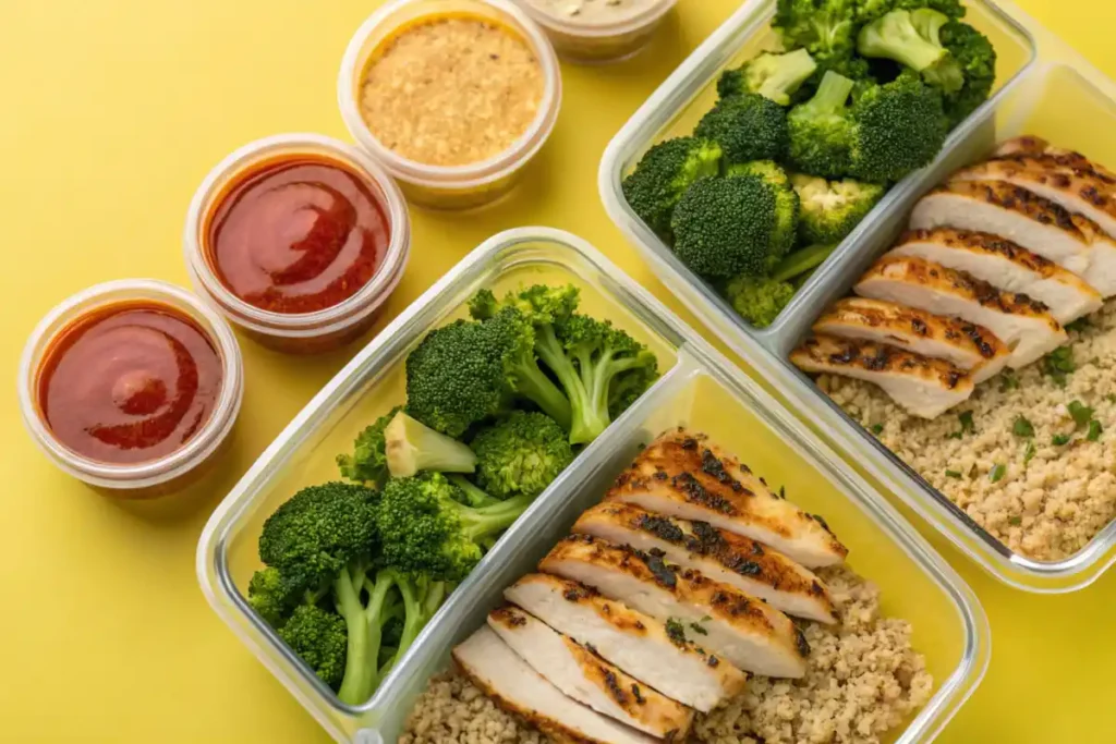Divided containers with chicken, broccoli, and quinoa on a yellow surface.