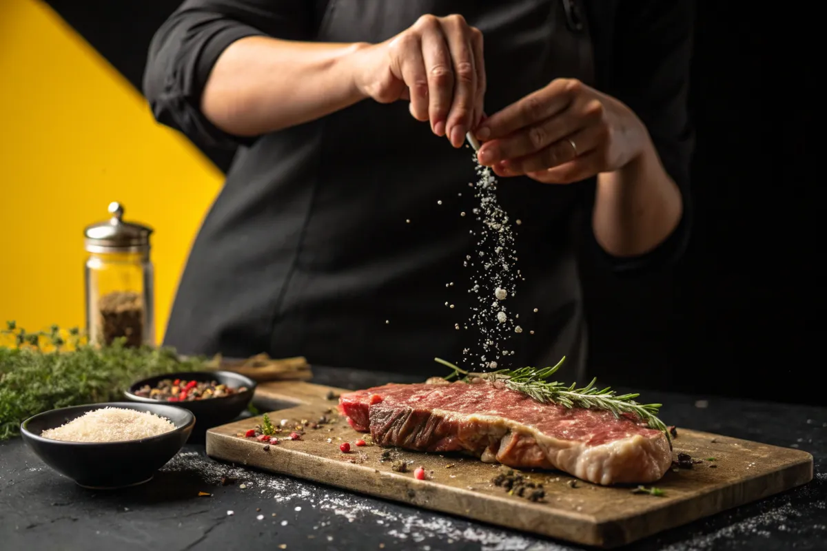 A chef seasons a raw Arm steak recipes with salt.