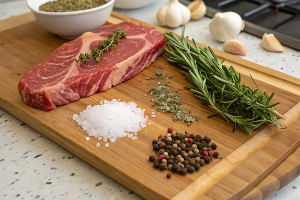 Flat lay of Denver steak ingredients, including raw steak, salt, pepper, garlic cloves, butter, and fresh rosemary on a black surface with yellow highlights