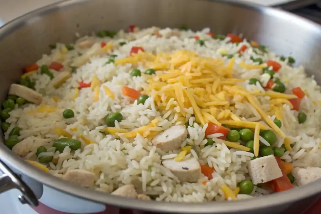 Pot of rice cooking with herbs, garlic, and broth for added flavor.