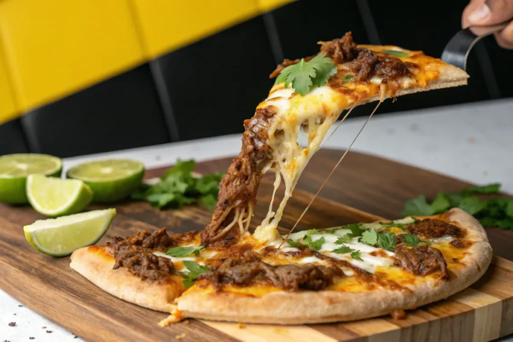 A slice of barbacoa pizza with melted cheese being lifted from the whole pizza.