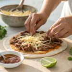 Hands sprinkle cheese on a flatbread topped with shredded barbacoa beef.