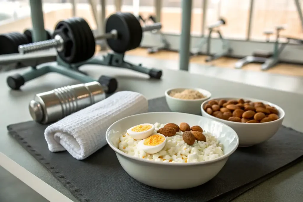 A bowl of meals, almonds, and boiled egg sits on a table in a gym.