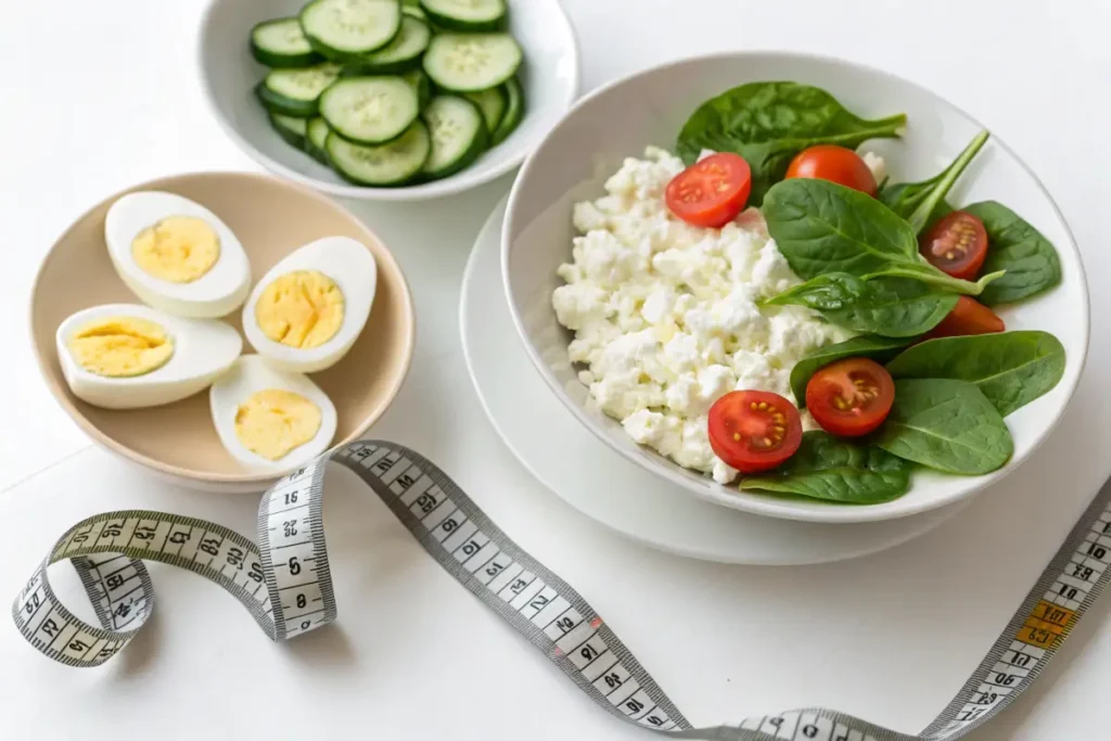 A table displays healthy food options including cottage cheese with spinach and tomatoes, sliced cucumbers, boiled eggs, and a measuring tape.