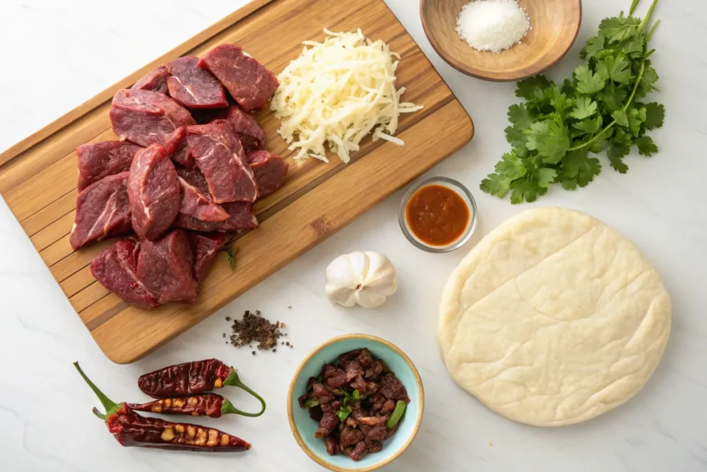 Ingredients for a delicious meal are displayed on a marble countertop.