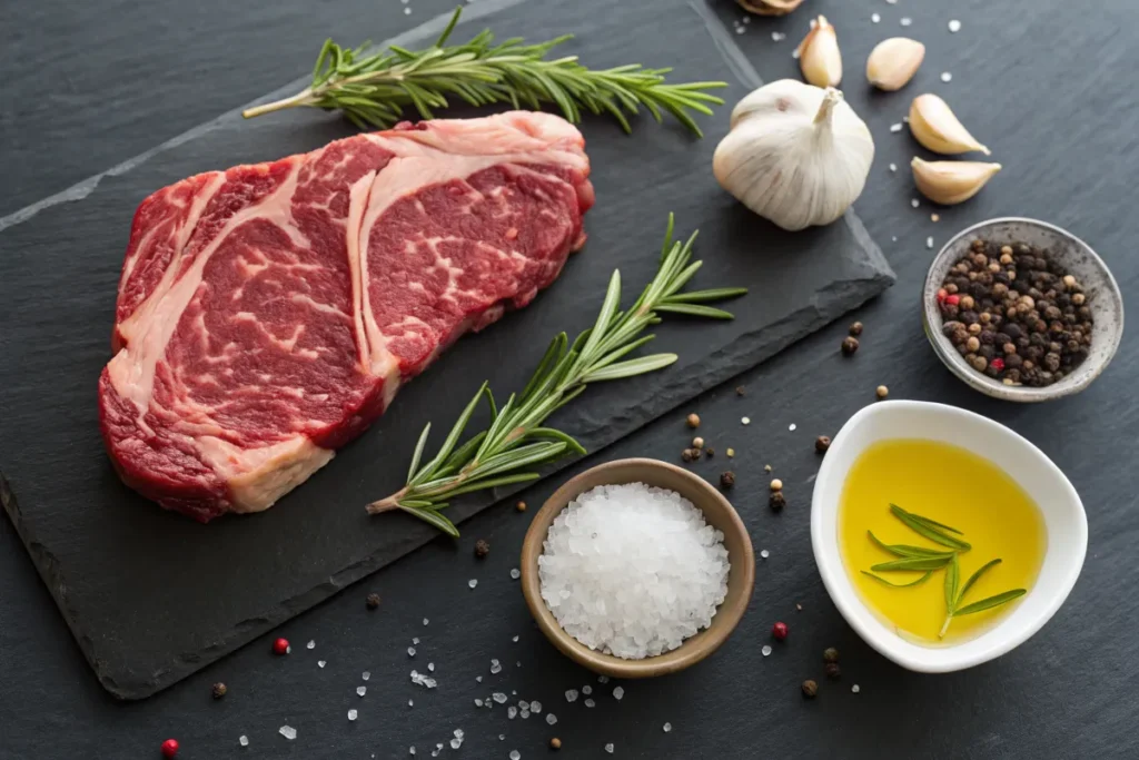 A raw ribeye steak sits on a black slate plate with sprigs of rosemary, garlic cloves, salt, peppercorns, and olive oil.