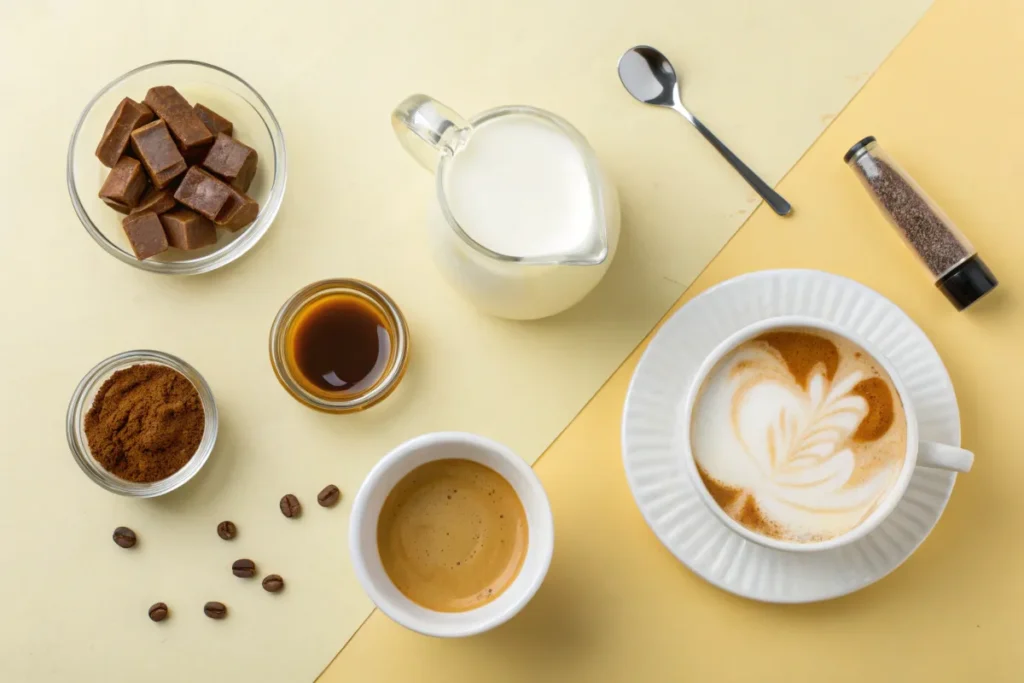 Ingredients for caramel macchiato and latte laid out side by side.