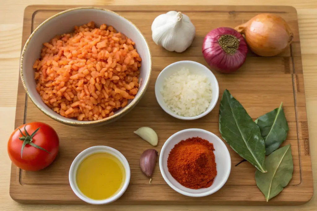 Ingredients for Mexican rice and Spanish rice laid out for comparison