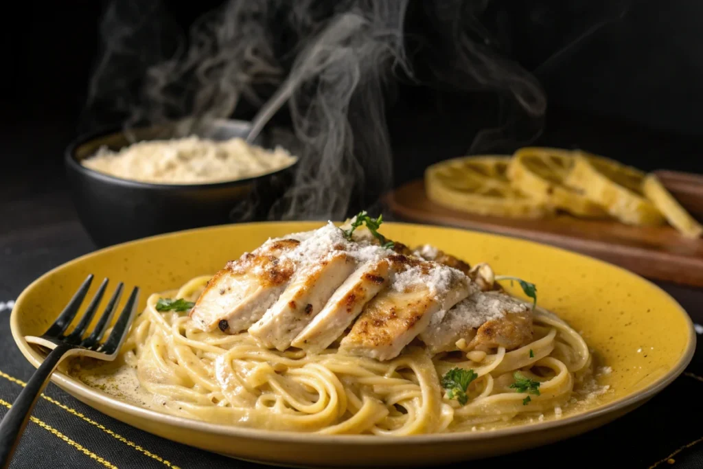 Steaming with sliced grilled meats breast on a yellow plate.