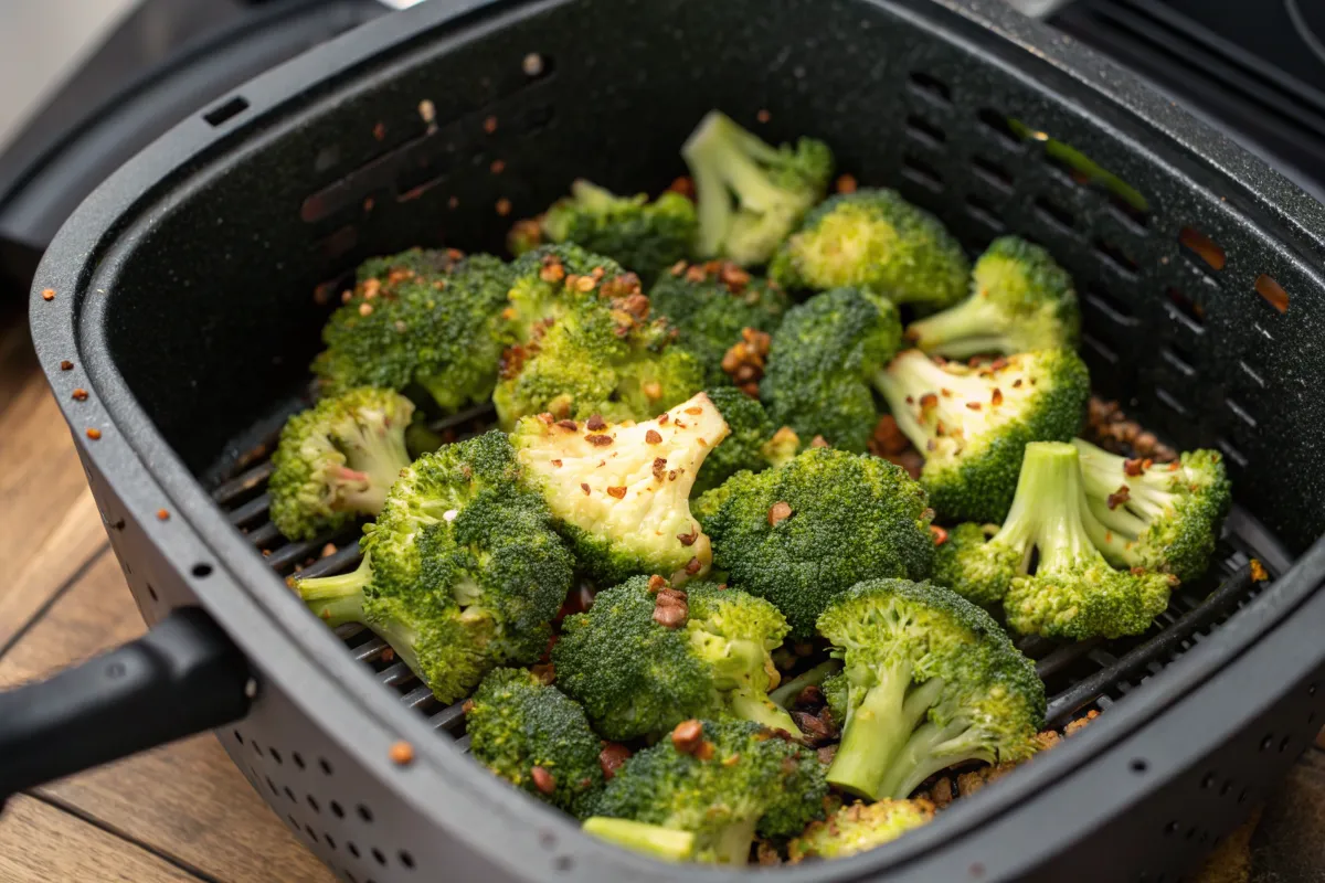 Freshly cooked broccoli florets seasoned with spices sit in a black air fryer basket.