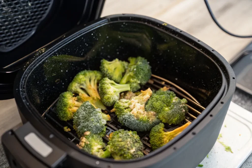 Broccoli florets are cooking in a black air fryer.