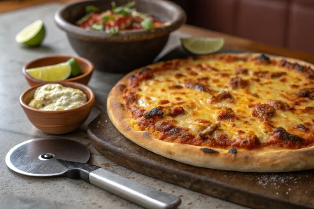A whole cheesy pizza sits on a wooden board next to lime wedges and dipping sauces.