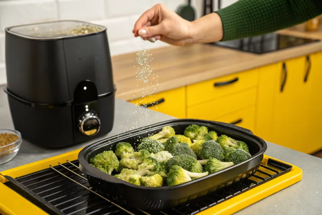A hand sprinkles seasoning on broccoli florets in a black baking dish.