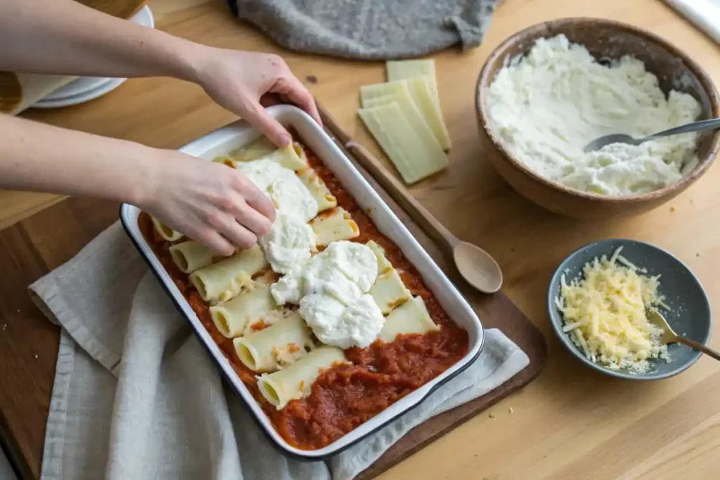 Hands layering ziti pasta, ricotta, and sauce in a baking dish