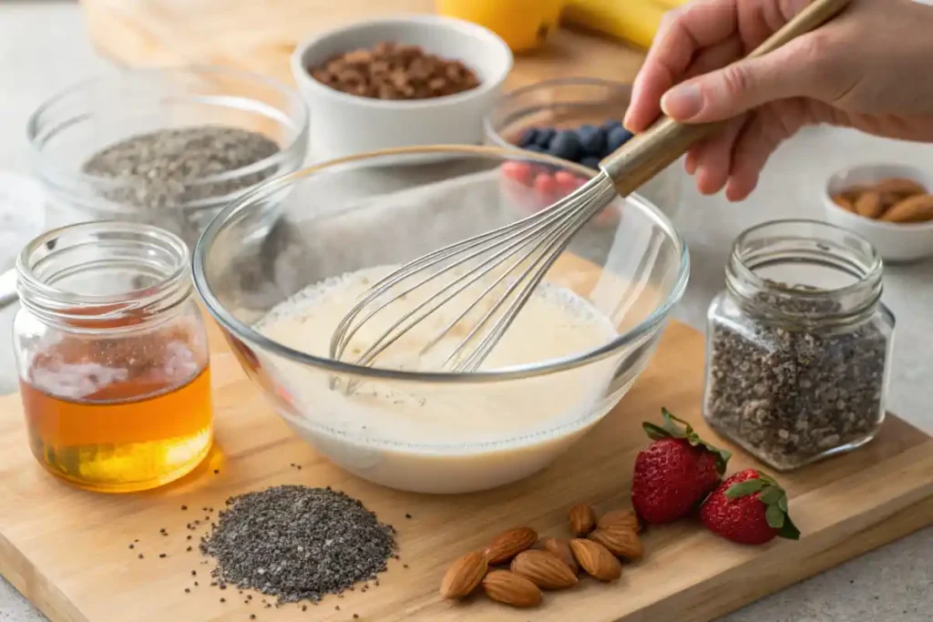 A wooden spoon filled with chia seeds, placed next to milk and honey on a rustic table