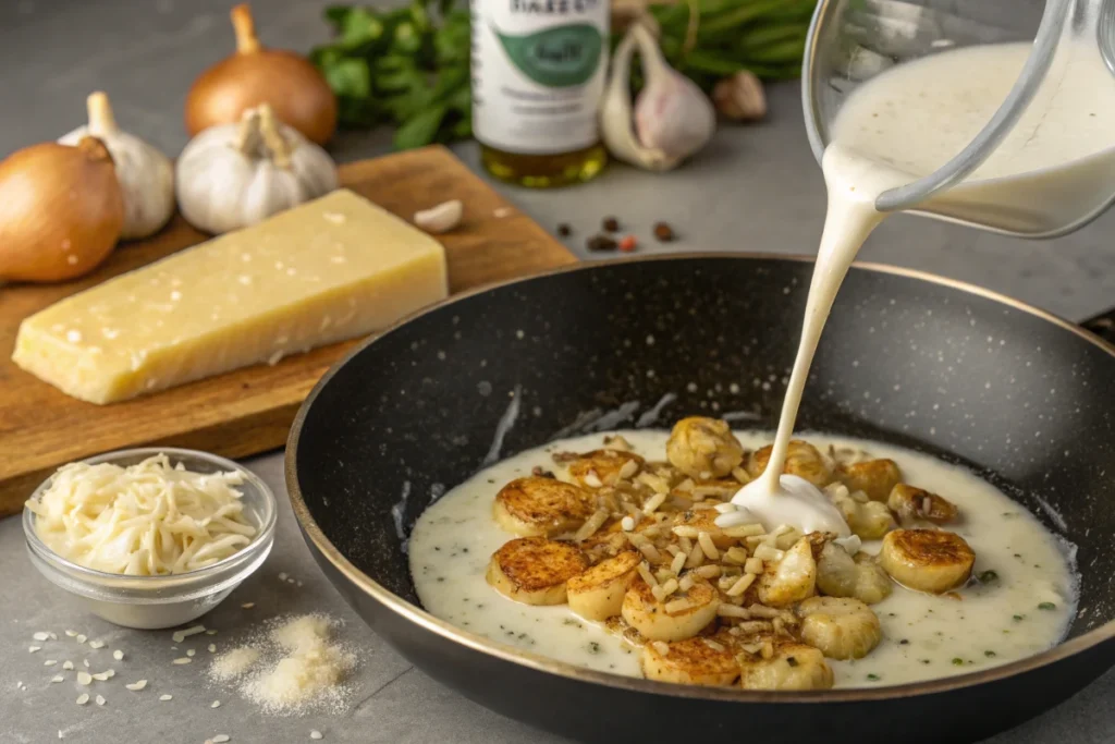 Creamy sauce is being poured into a pan with seared scallops