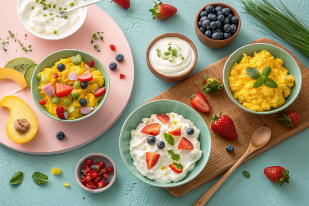 A vibrant flat lay showcasing various breakfast bowls filled with scrambled eggs, yogurt, and fresh fruit.