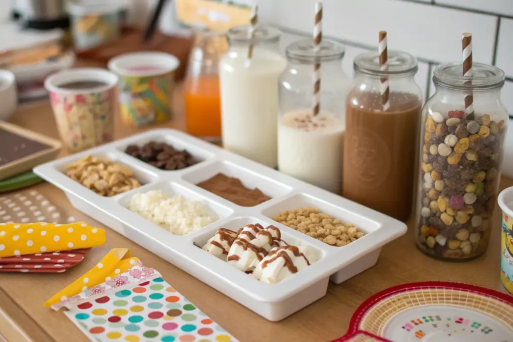 A table is set with a variety of breakfast toppings, drinks, and colorful paper goods.