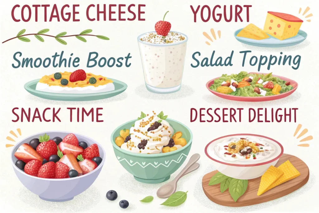 An illustration shows six examples of cottage cheese and yogurt used in meals and snacks.