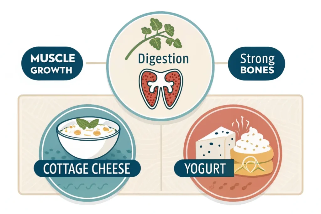 Icons representing the health benefits of cottage cheese and yogurt, including digestion, muscle growth, weight loss, and bone health.