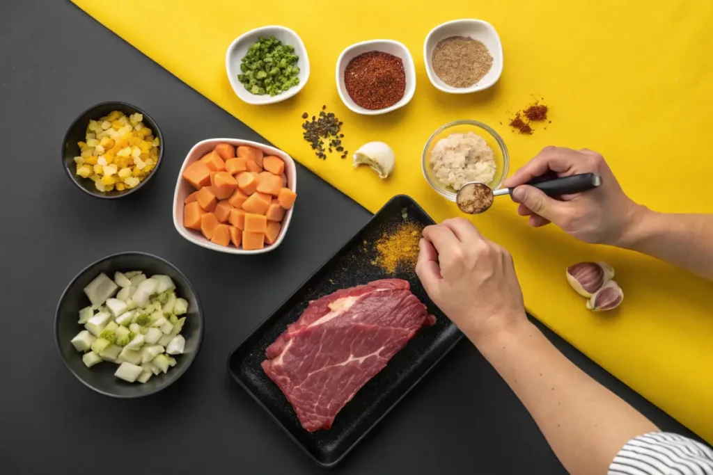 Arm Roast Preparation with Seasoning and Chopping Against Yellow and Black Background