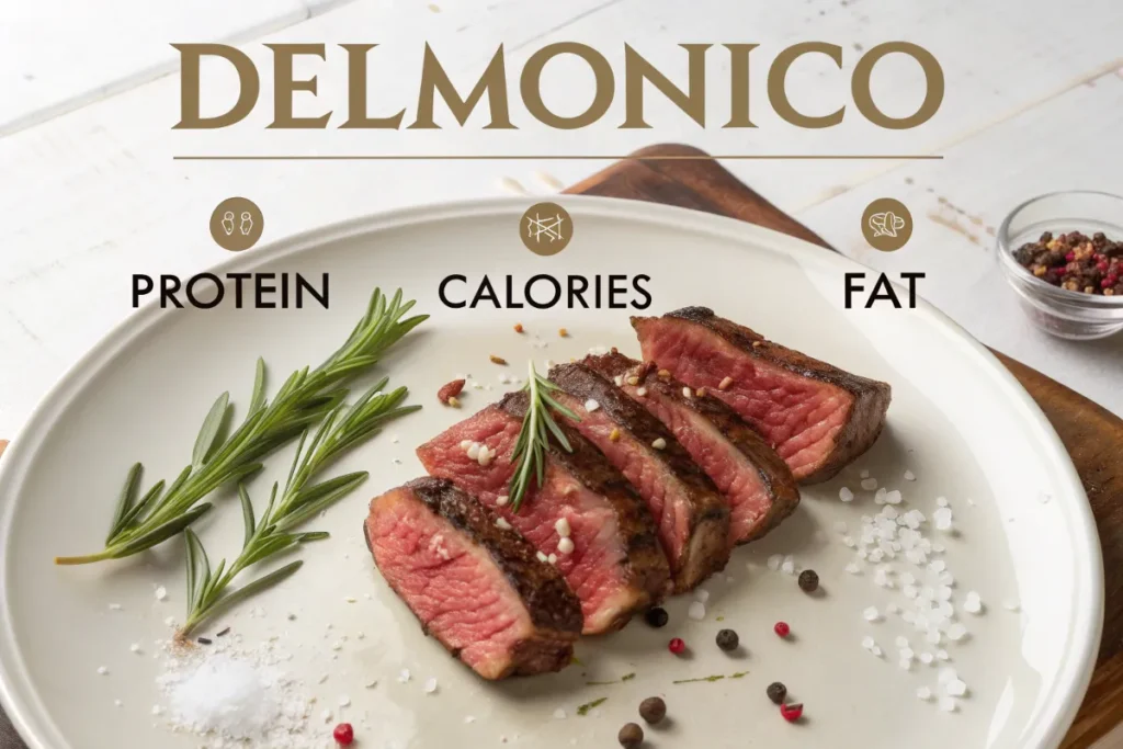 Sliced Delmonico steak on a plate with rosemary, salt, and peppercorns.
