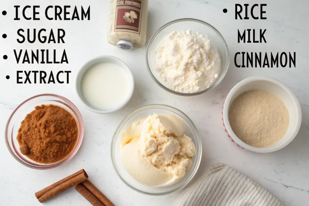 Bowls of ice cream, sugar, vanilla extract, rice milk, cinnamon, and rice flour are arranged on a marble surface.