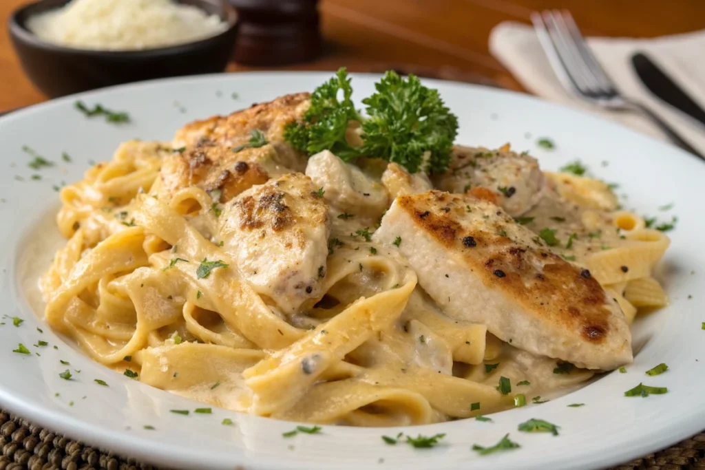 Fettuccine pasta in a creamy sauce is topped with pieces of seared chicken breast and garnished with parsley.