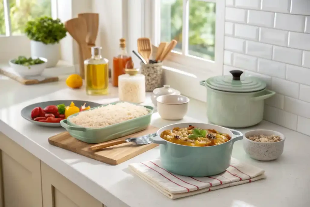 Casserole preparation with raw and pre-cooked rice options side by side.