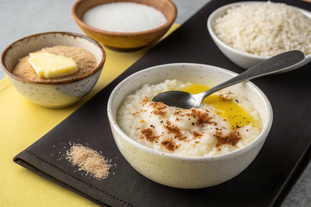 Close-up of garnished rice dishes: Rice pudding with cranberries and cream of rice with butter and thyme