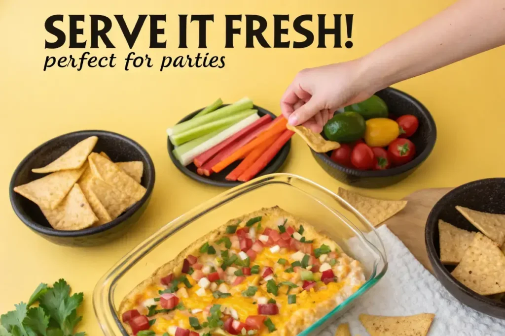 A hand dips a tortilla chip into a creamy dip topped with chopped tomatoes, green onions, and cheese, surrounded by bowls of tortilla chips and fresh vegetables.