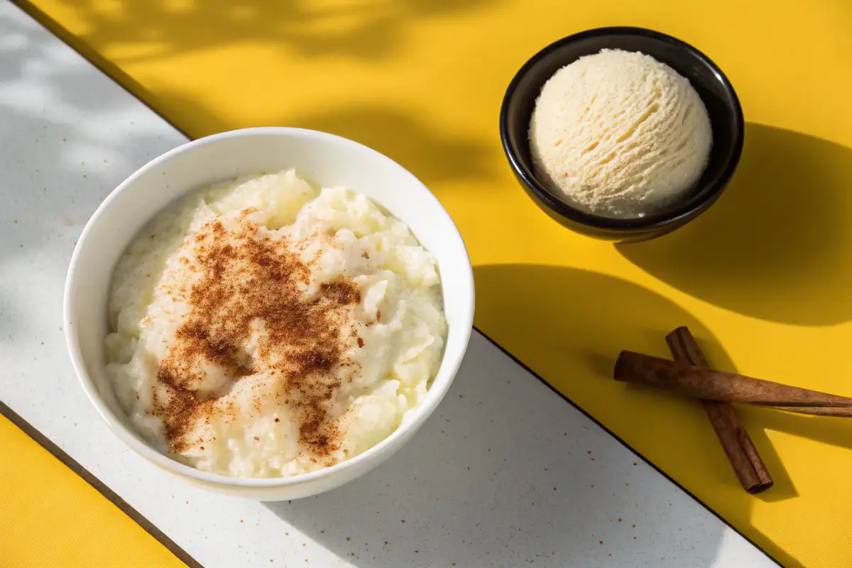 A bowl of rice pudding sprinkled with cinnamon sits beside a scoop of vanilla ice cream and cinnamon sticks.