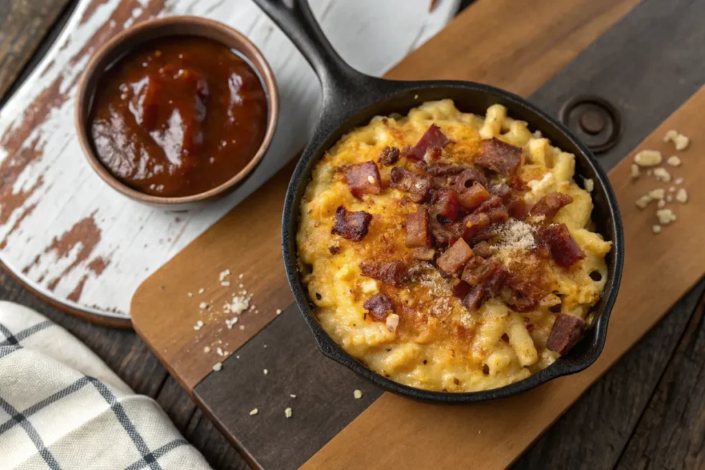 smoked mac and cheese topped with bacon bits sits in a cast iron skillet on a wooden cutting board.