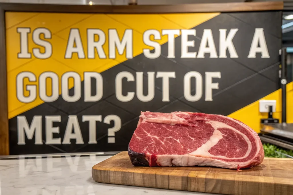 A raw arm steak sits on a wooden cutting board in front of a sign that reads "Is arm steak a good cut of meat?"