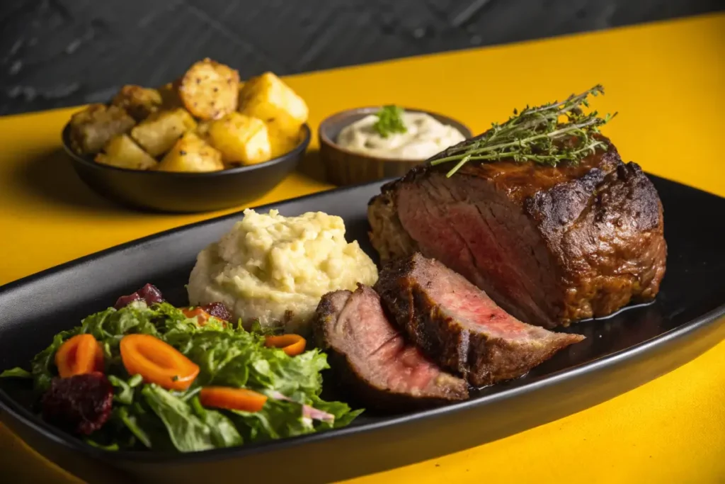 Arm Roast Meal with Sides Presented on Black Plate Against Yellow Background