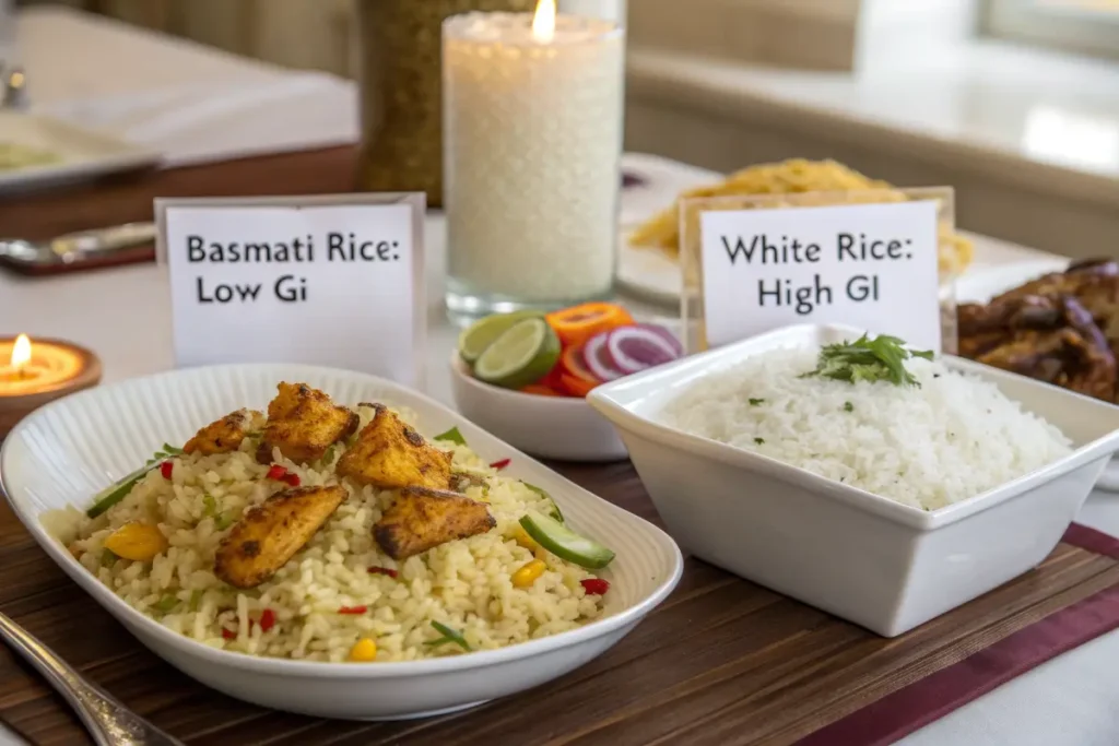 Traditional Indian biryani made with basmati rice alongside a white rice dish served with fish and vegetables