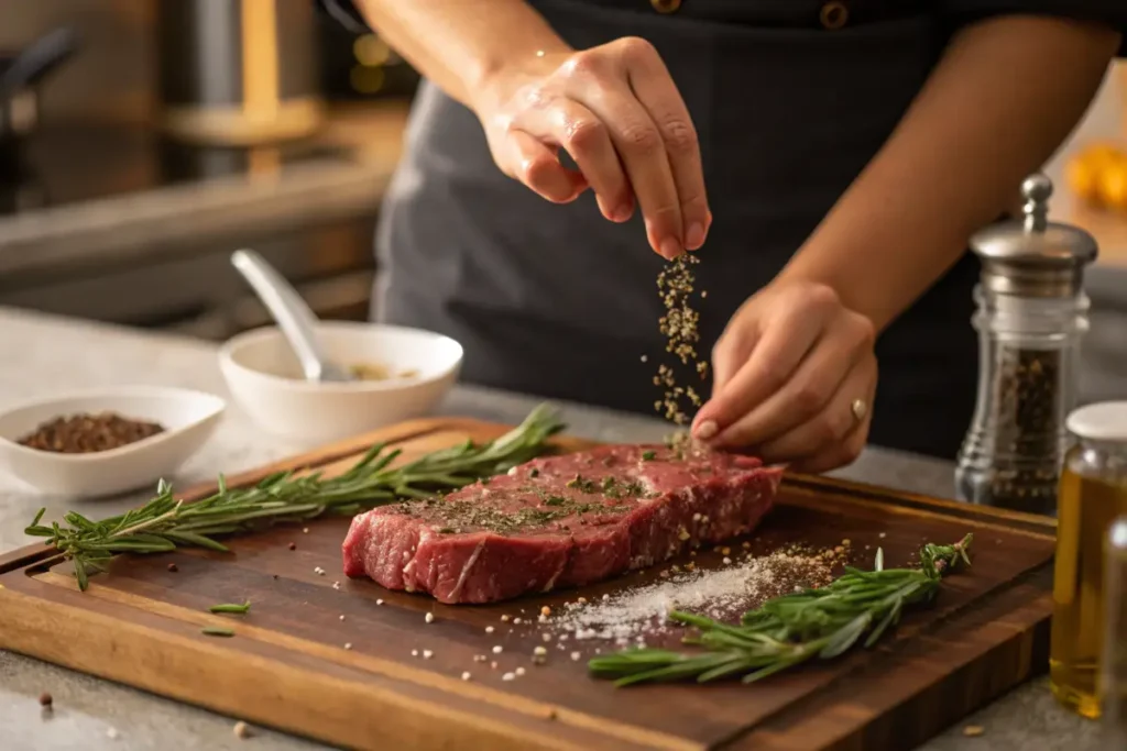Step-by-step collage of cooking Denver steak, showing seasoning, searing in a skillet, resting on a cutting board, and slicing against the grain