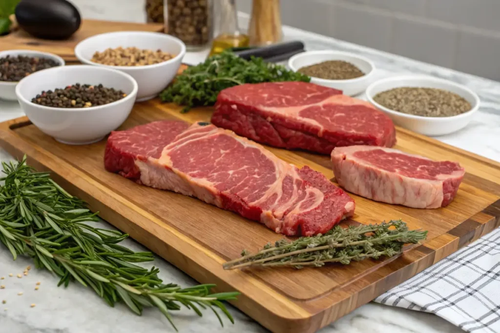 Essential ingredients for Denver steak: raw steak, kosher salt, fresh rosemary, butter, and spices beautifully arranged on a black and yellow background