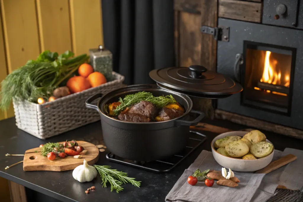 A black dutch oven sits on a table with cooked meat and vegetables, near a lit fireplace.