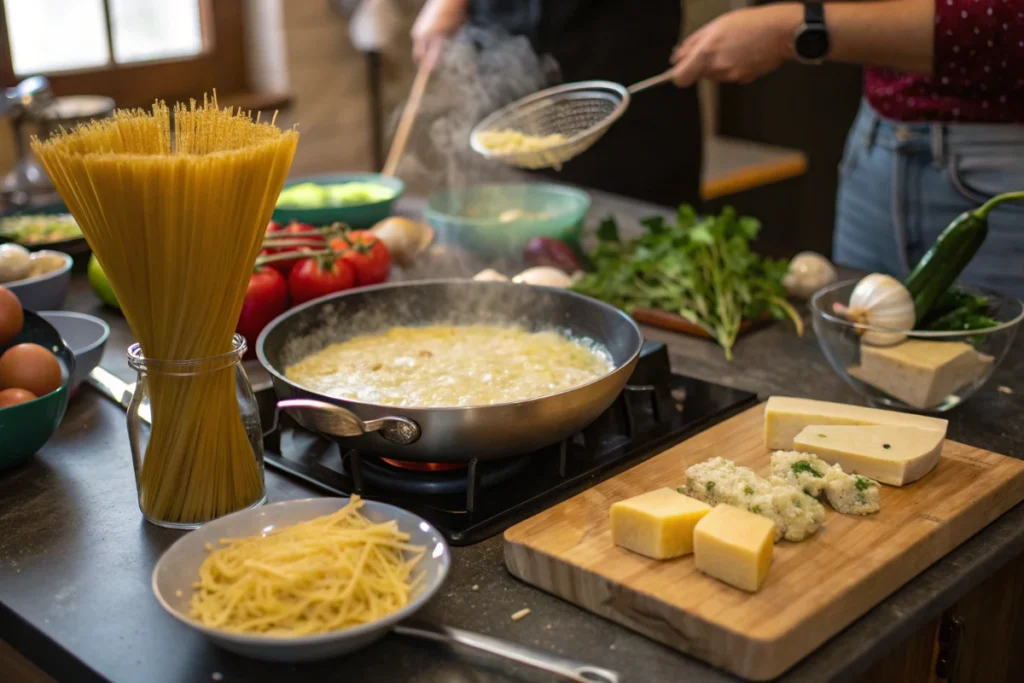 A person cooks  sauce in a pan on a stovetop surrounded by various ingredients.
