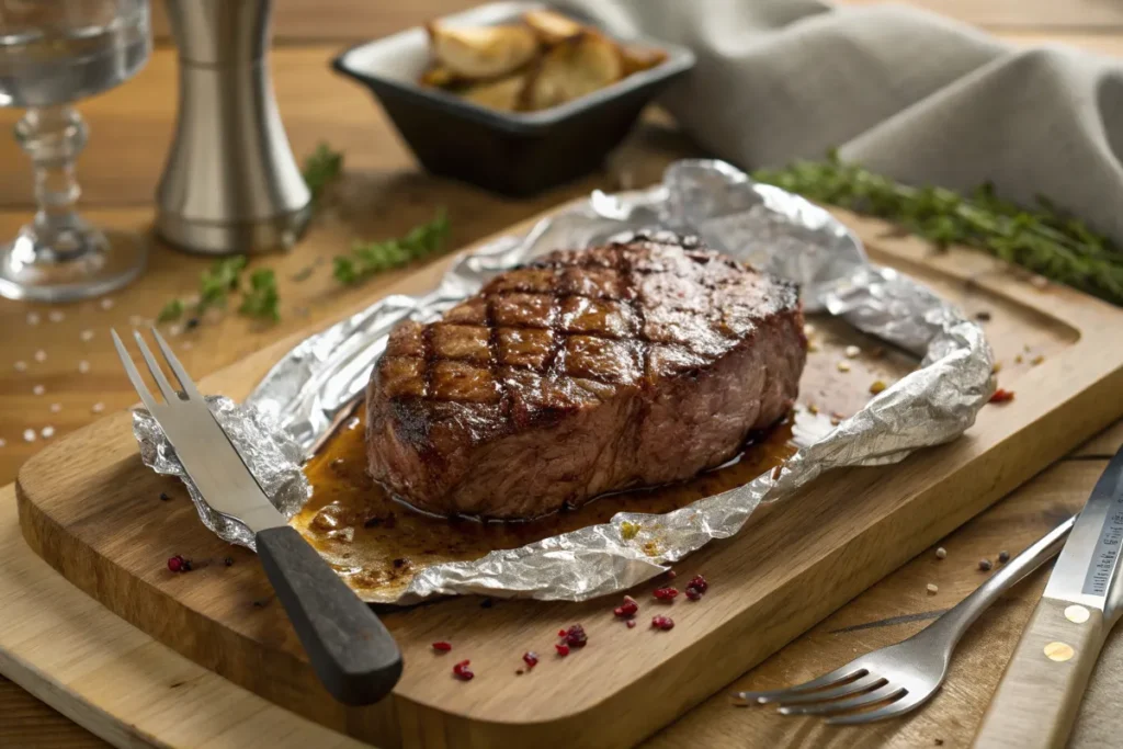 A grilled steak rests on a piece of aluminum foil on a wooden cutting board.