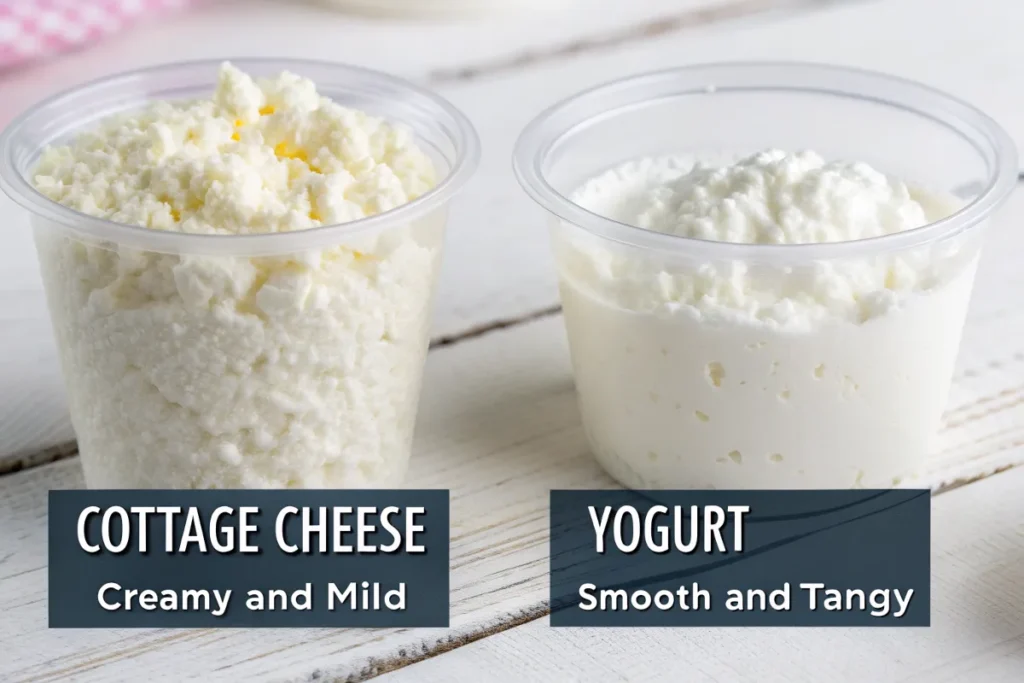 Two clear plastic cups contain cottage cheese and yogurt, respectively.