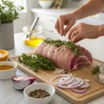 Hands Seasoning an Arm Roast and Preparing Ingredients in a Bright Modern Kitchen