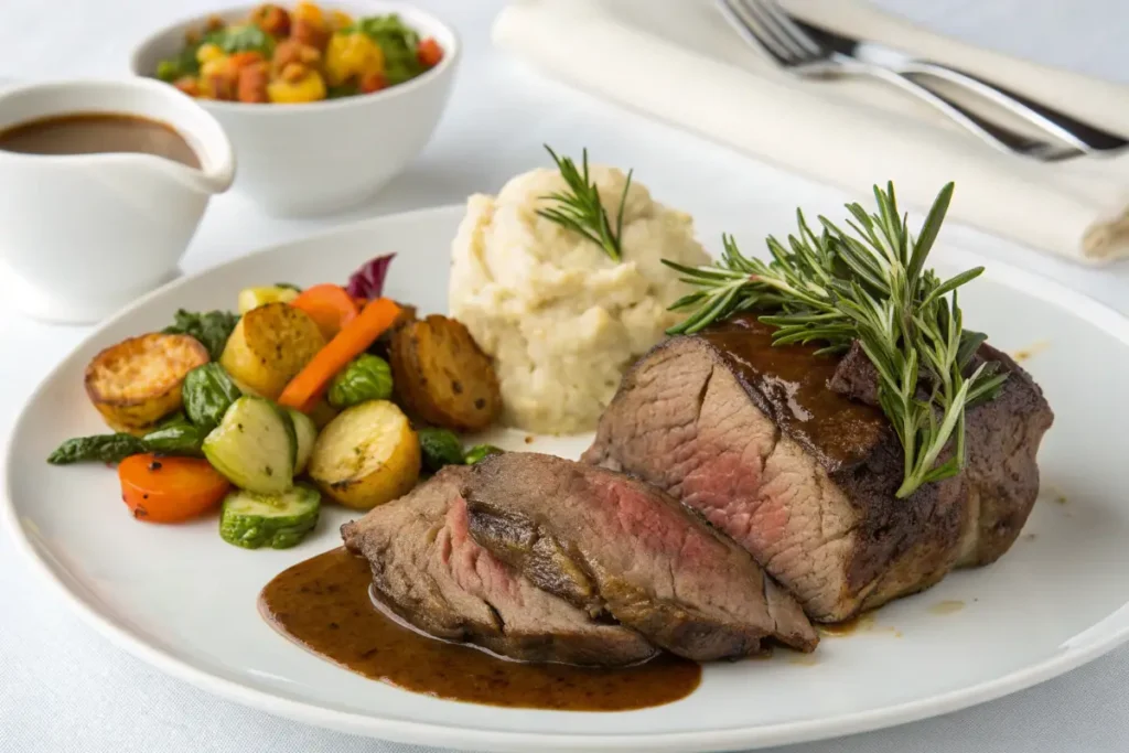 Elegantly Plated Arm Roast with Complementary Side Dishes and Fresh Garnishes