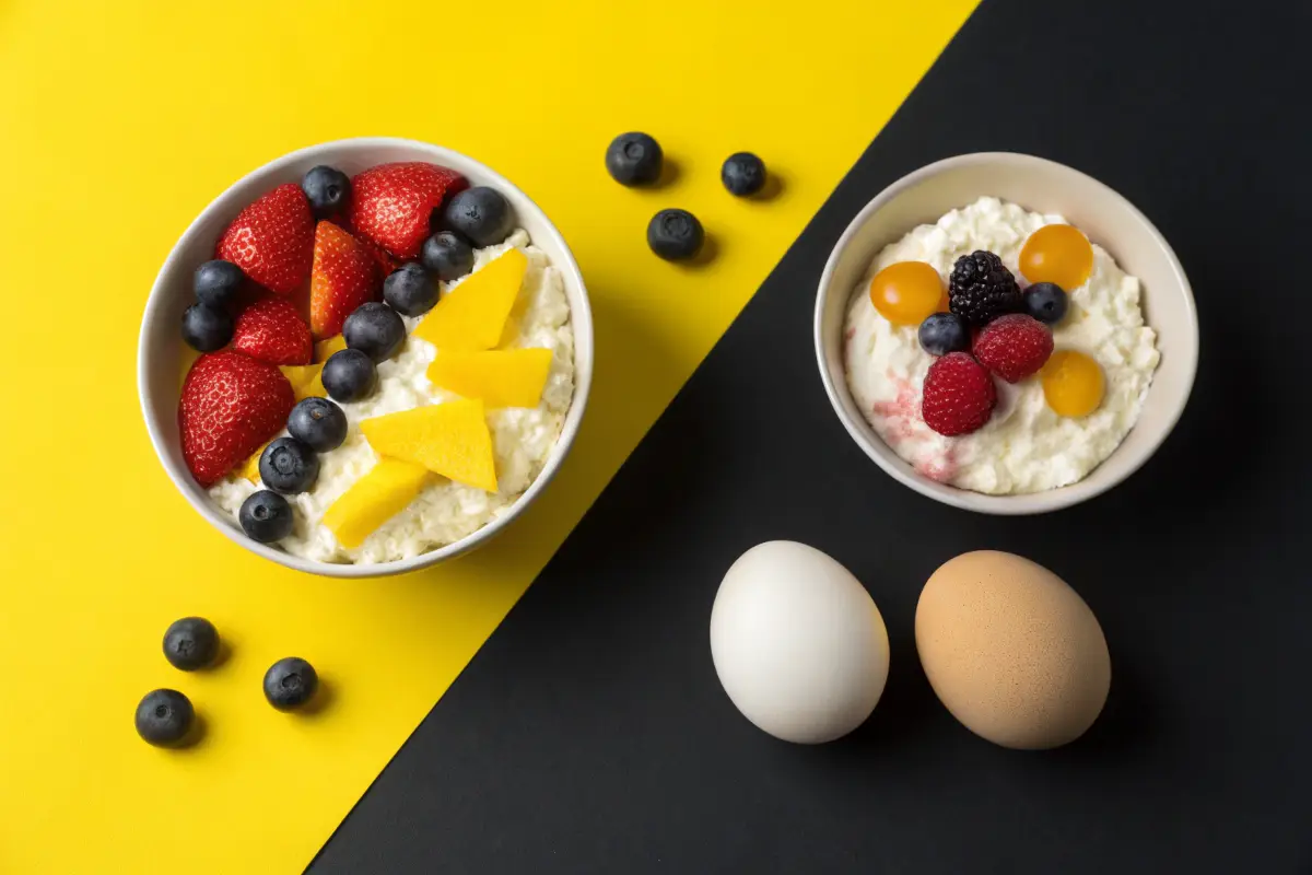 Two bowls of cottage cheese topped with fruit sit on a two-toned background next to two eggs.