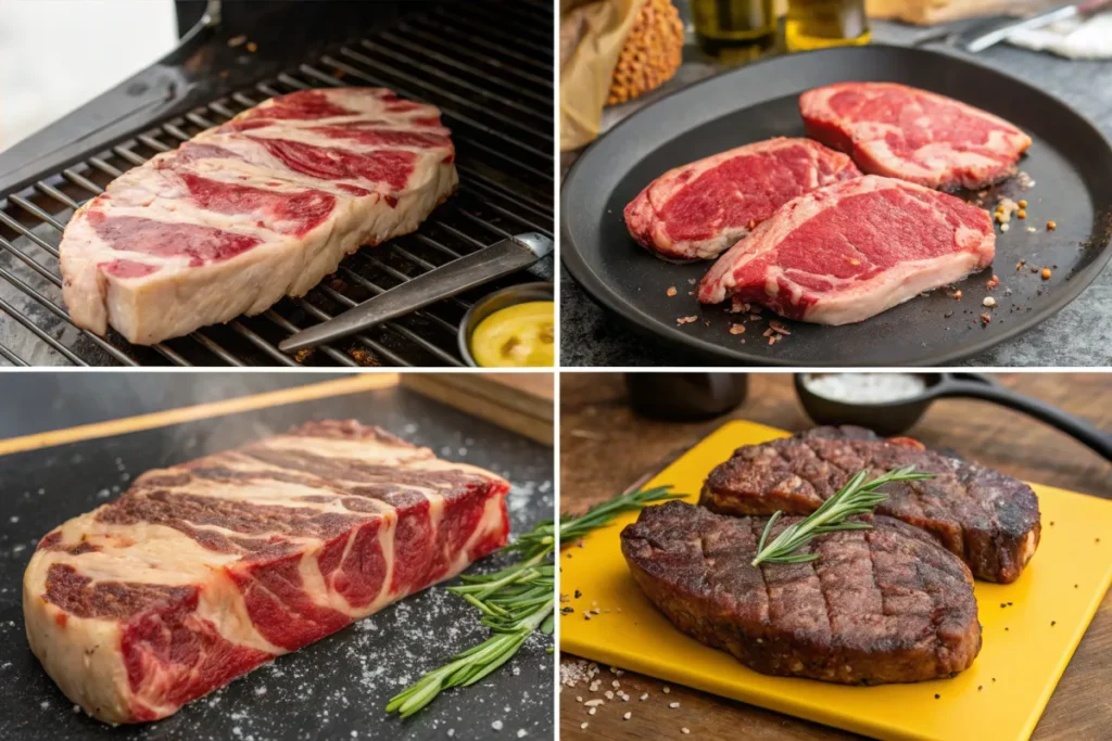 A four-part collage showing the stages of cooking Arm Steak