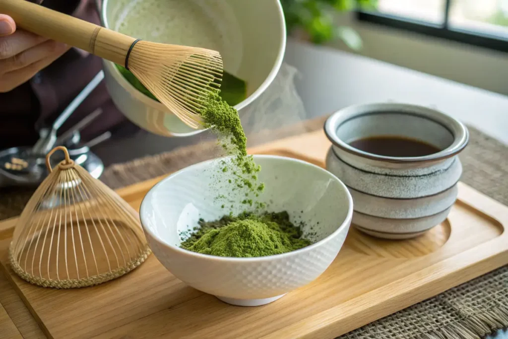 A person uses a bamboo whisk to sift   into a small white bowl.